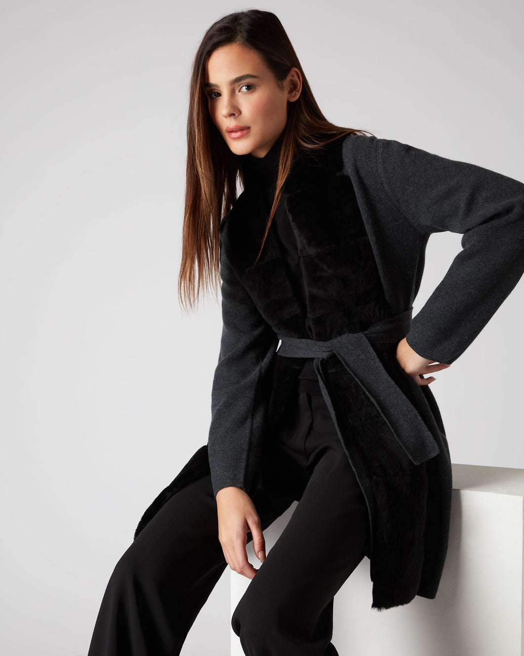 N.Peal Women's Shearling Placket Cardigan Dark Charcoal Grey