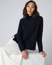 Load image into Gallery viewer, N.Peal Women&#39;s Fisherman Rib Funnel Cashmere Jumper Navy Blue

