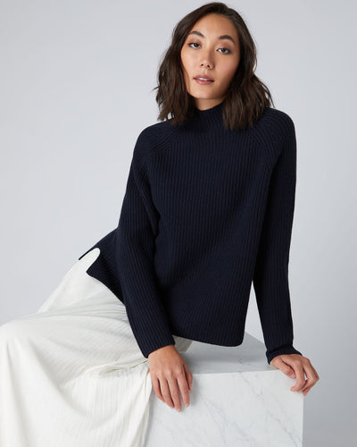 N.Peal Women's Fisherman Rib Funnel Cashmere Jumper Navy Blue