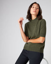 Load image into Gallery viewer, N.Peal Women&#39;s Classic Mock Neck Cashmere T Shirt Moss Green
