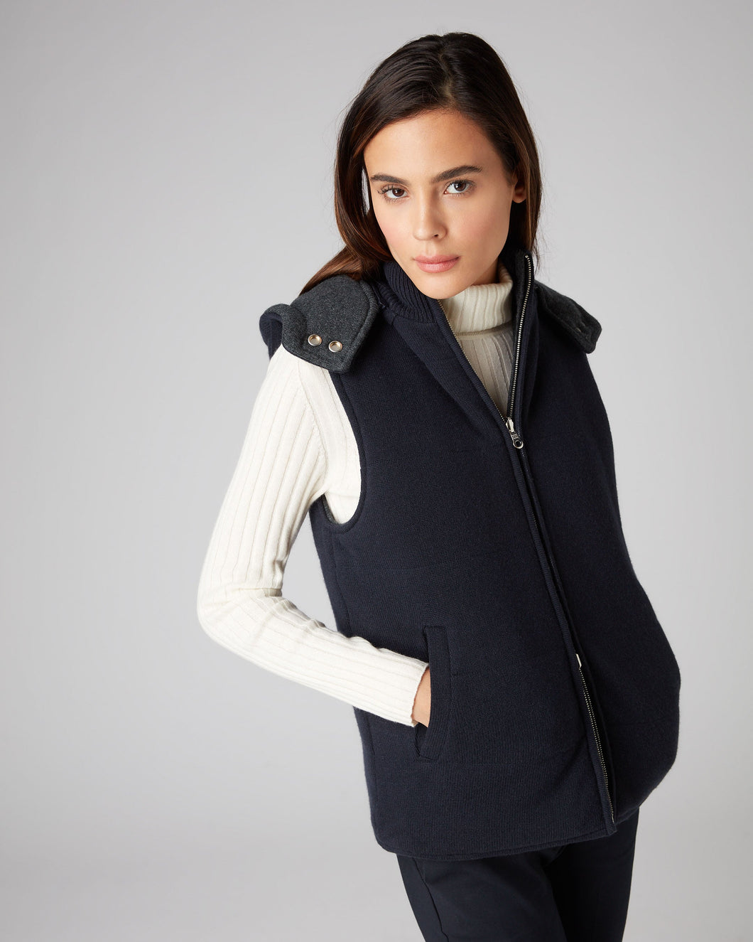 N.Peal Women's Cashmere Gilet with Detachable Hood Navy Blue
