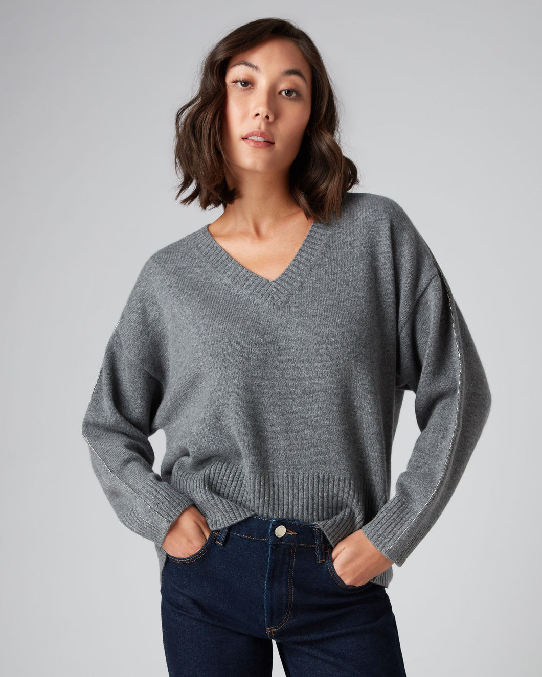 N.Peal Women's Chunky Metal Trim Cashmere Jumper Elephant Grey
