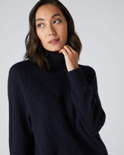Load image into Gallery viewer, N.Peal Women&#39;s Rib Detail Roll Neck Cashmere Jumper Navy Blue
