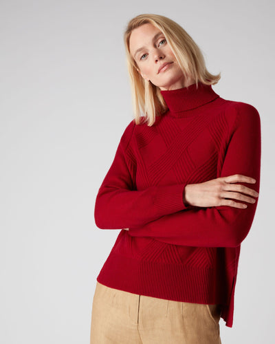 N.Peal Women's Rib Detail Roll Neck Cashmere Jumper Ruby Red
