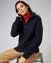 Load image into Gallery viewer, N.Peal Women&#39;s Rib Detail Half Zip Cashmere Jumper Navy Blue
