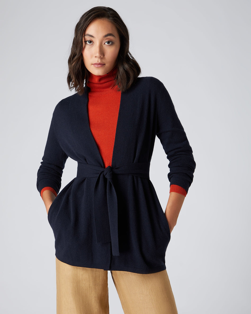 N.Peal Women's Relaxed Belted Cashmere Cardigan Navy Blue