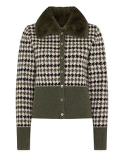 Load image into Gallery viewer, N.Peal Women&#39;s Houndstooth Fur Trim Cashmere Cardigan Green

