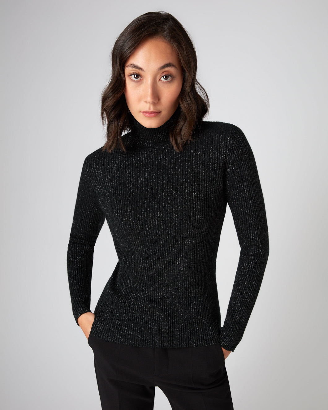 N.Peal Women's Lurex Rib Roll Neck Cashmere Jumper Black Sparkle