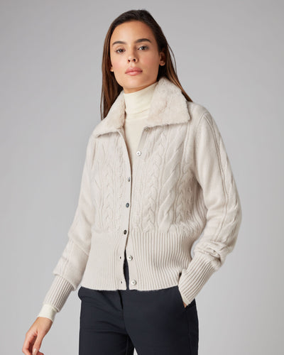 N.Peal Women's Shearling Cable Cashmere Cardigan Snow Grey