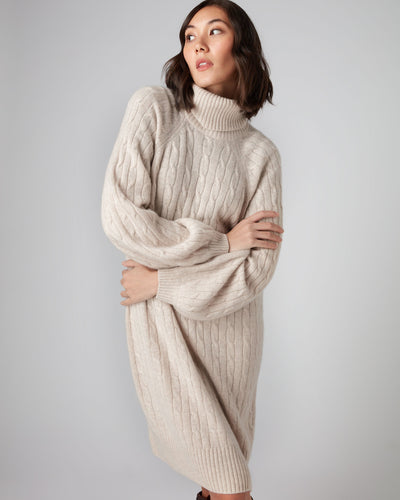 N.Peal Women's Roll Neck Cable Cashmere Dress Heather Beige Brown