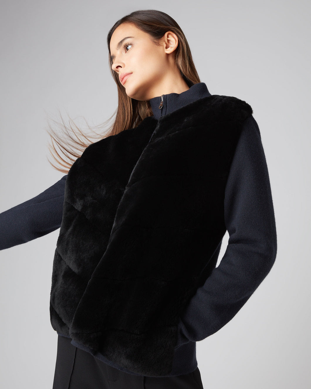 N.Peal Women's Shearling Ribbed Cashmere Jacket Navy Blue