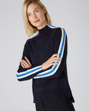 Load image into Gallery viewer, N.Peal Women&#39;s Stripe Sleeve Jumper Navy Blue
