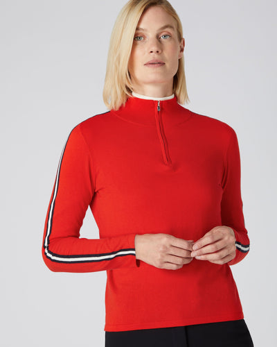 N.Peal Women's Stripe Sleeve Half Zip Jumper Red