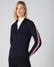 Load image into Gallery viewer, N.Peal Women&#39;s Stripe Sleeve Full Zip Jumper Navy Blue
