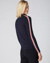Load image into Gallery viewer, N.Peal Women&#39;s Stripe Sleeve Full Zip Jumper Navy Blue
