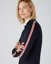 Load image into Gallery viewer, N.Peal Women&#39;s Stripe Sleeve Full Zip Jumper Navy Blue
