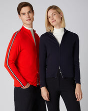 Load image into Gallery viewer, N.Peal Women&#39;s Stripe Sleeve Full Zip Jumper Navy Blue
