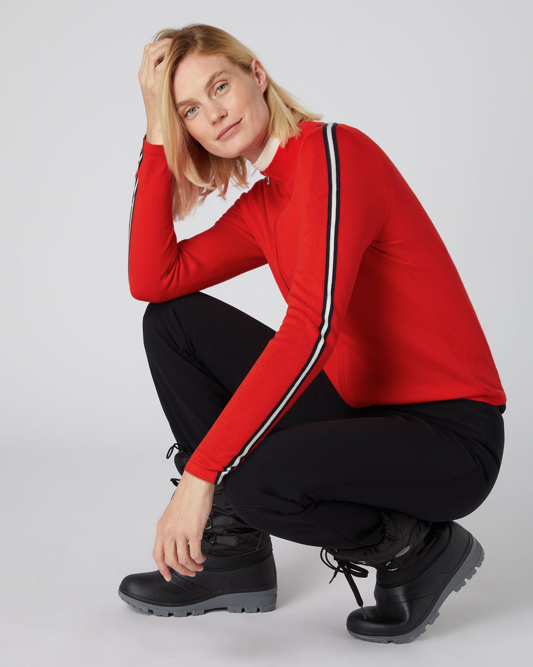 N.Peal Women's Stripe Sleeve Full Zip Jumper Red