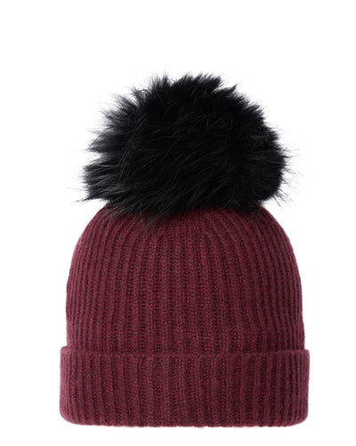 N.Peal Unisex Ribbed Cashmere Hat With Detachable Pom Shiraz Melange Red