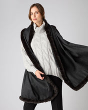 Load image into Gallery viewer, N.Peal Women&#39;s Fur Trim Woven Cashmere Shawl Dark Charcoal Grey
