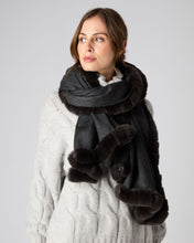Load image into Gallery viewer, N.Peal Women&#39;s Fur Trim Woven Cashmere Shawl Dark Charcoal Grey
