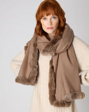 Load image into Gallery viewer, N.Peal Women&#39;s Meribel Woven Fur Trim Cashmere Shawl Dark Tan Brown
