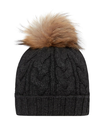 N.Peal Unisex Chunky Cable Raccoon Pom Hat Dark Charcoal Grey