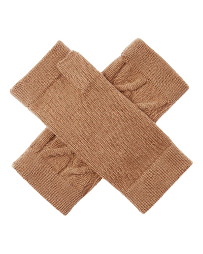 N.Peal Women's Cable Fingerless Cashmere Gloves Dark Camel Brown