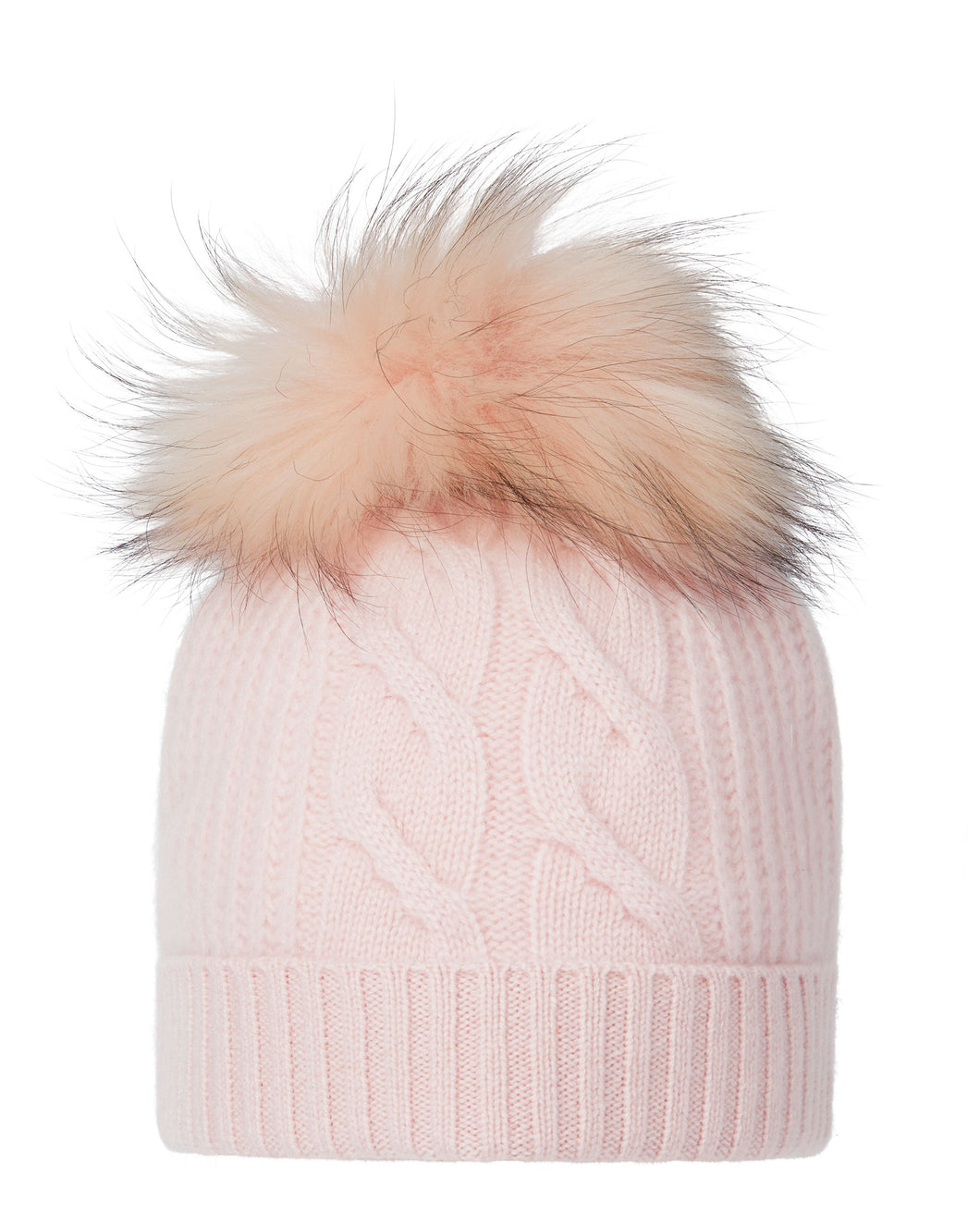 N.Peal Women's Cable Cashmere Hat With Fur Pom Quartz Pink