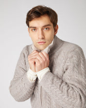 Load image into Gallery viewer, Men&#39;s Fur Lined Cable Cashmere Cardigan Basilica Beige Brown Marl
