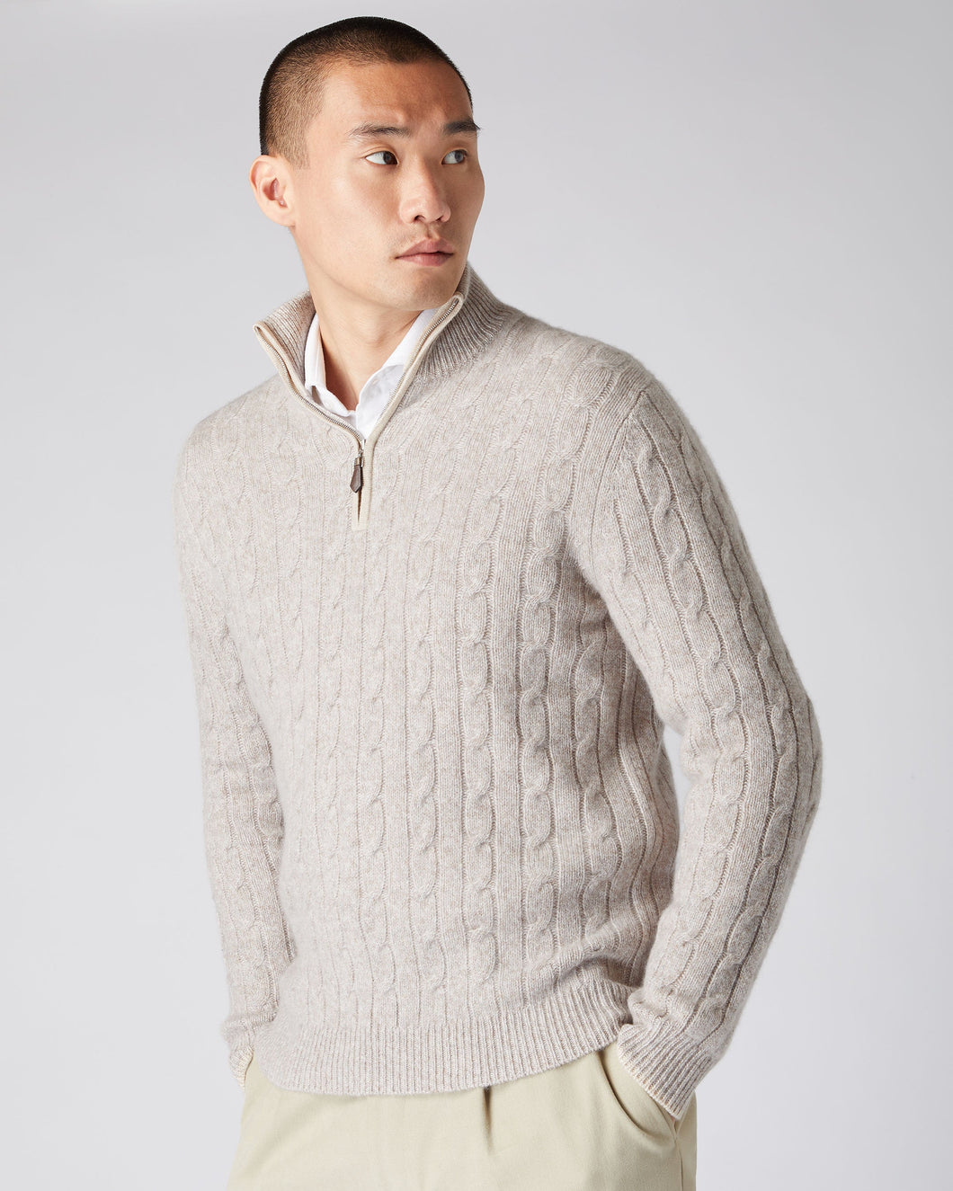 N.Peal Men's Cable Half Zip Cashmere Jumper Basilica Beige Brown Marl