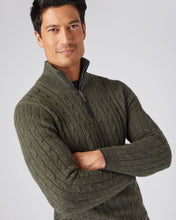 Load image into Gallery viewer, N.Peal Men&#39;s Cable Half Zip Cashmere Jumper Moss Green
