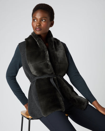 N.Peal Women's Fur Placket Milano Cashmere Gilet Dark Charcoal Grey