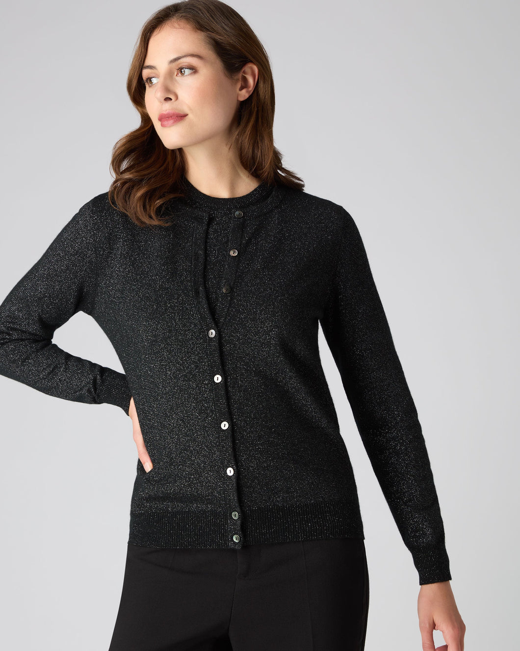 N.Peal Women's Round Neck Cashmere Cardigan With Lurex Black Sparkle