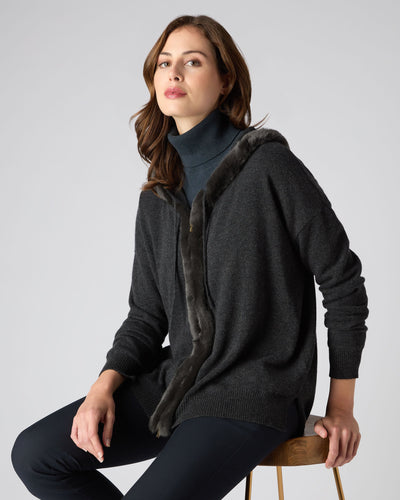 N.Peal Women's Rex Fur Trim Hoodie Dark Charcoal Grey