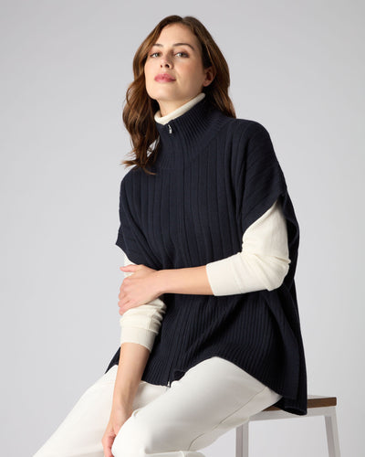 N.Peal Women's Rib Full Zip Cashmere Cape Navy Blue