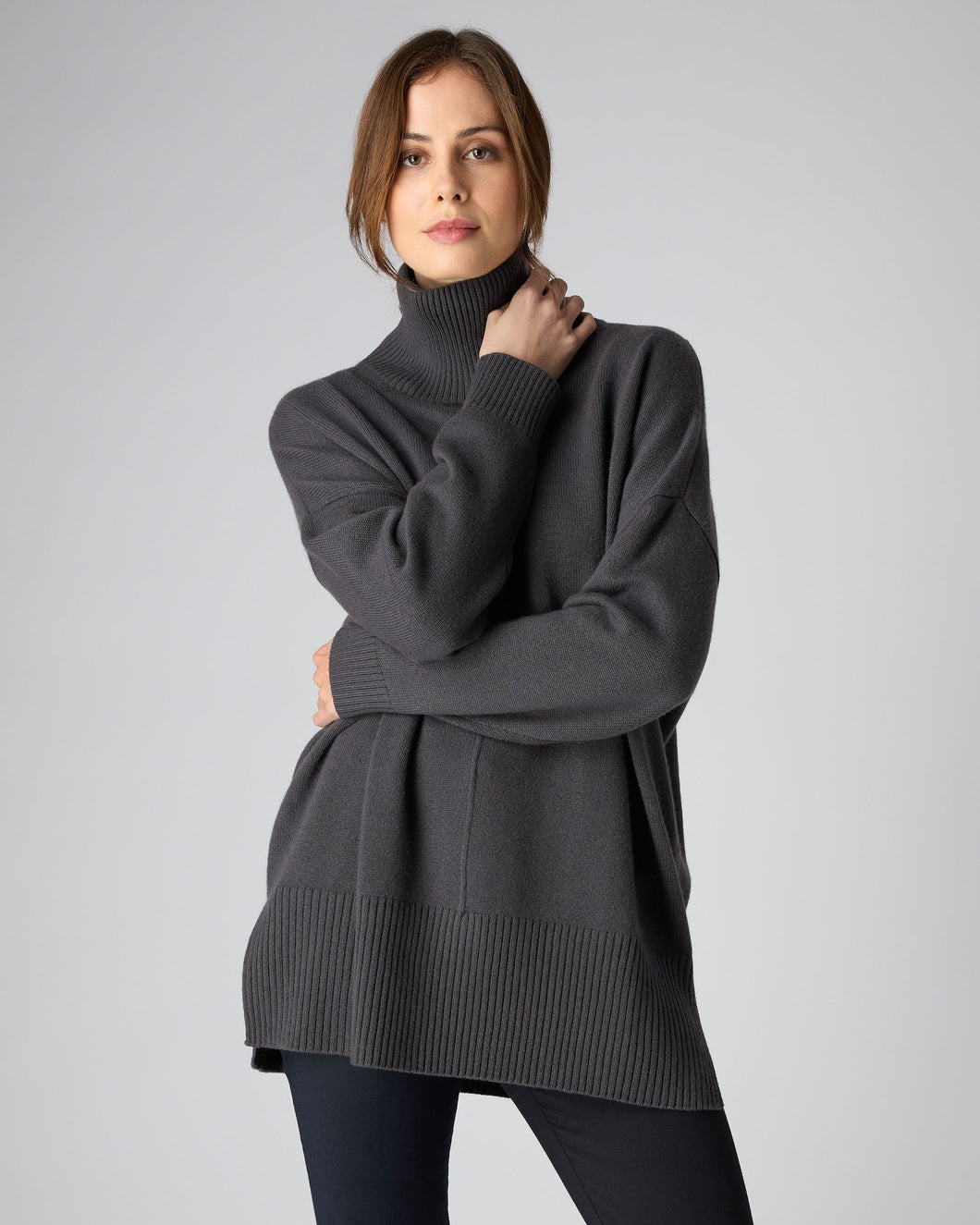 N.Peal Women's Mock Neck Long Cashmere Jumper Flint Grey