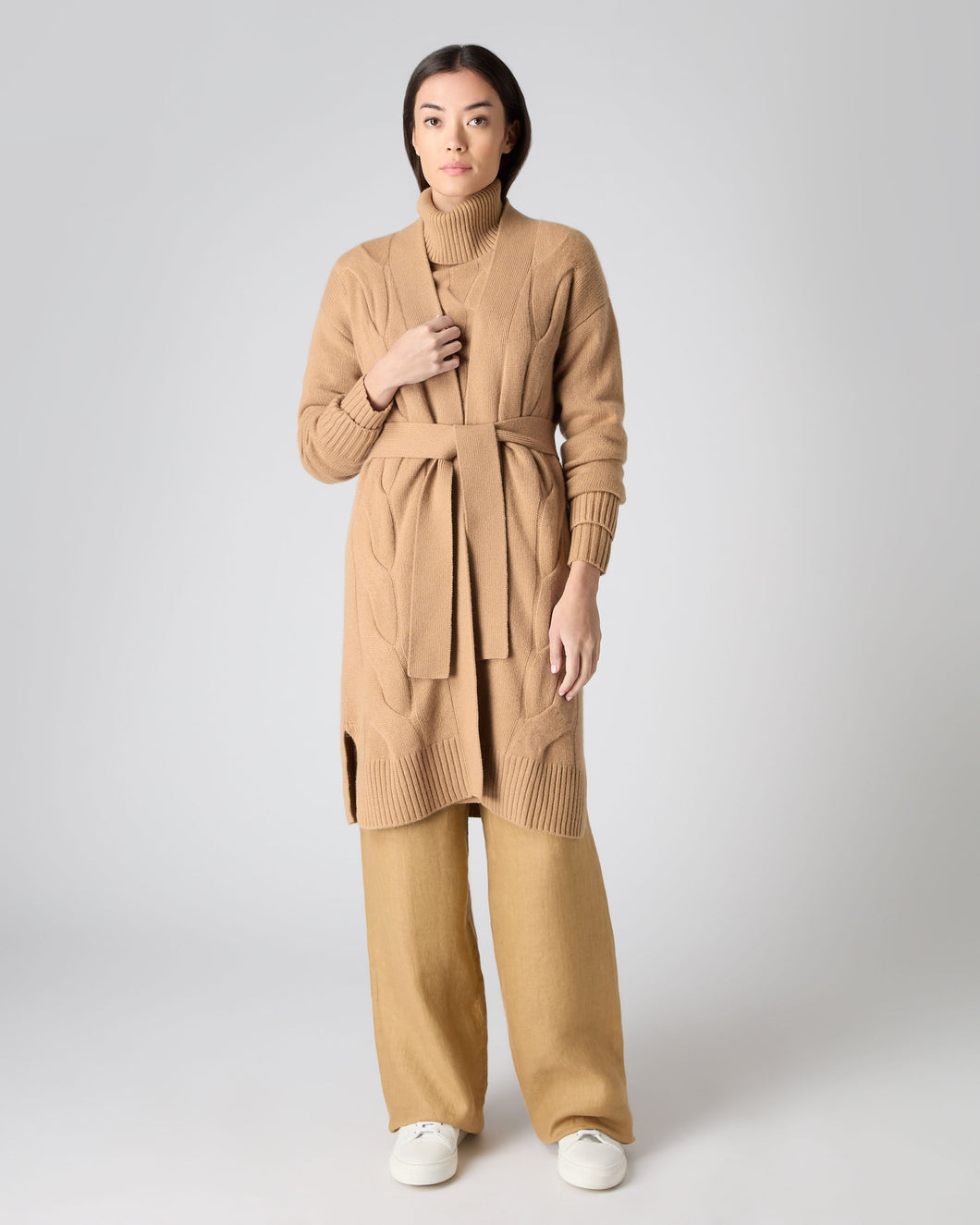 N.Peal Women's Long Cable Cashmere Cardigan Sahara Brown