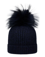 Load image into Gallery viewer, N.Peal Unisex Ribbed Cashmere Hat With Detachable Pom Navy Blue Melange
