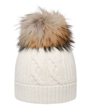 Load image into Gallery viewer, N.Peal Women&#39;s Cable Cashmere Hat With Lurex And Fur Pom Snow Grey Sparkle
