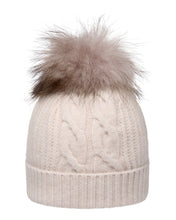 Load image into Gallery viewer, N.Peal Women&#39;s Cable Cashmere Hat With Fur Pom Frost White
