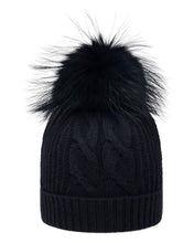 Load image into Gallery viewer, N.Peal Women&#39;s Cable Cashmere Hat With Fur Pom Navy Blue

