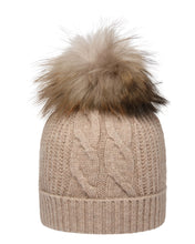 Load image into Gallery viewer, N.Peal Women&#39;s Cable Cashmere Hat With Fur Pom Oatmeal Brown
