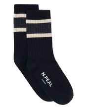 Load image into Gallery viewer, N.Peal Women&#39;s Rib Stripe Cashmere Socks Navy Blue
