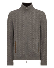 Load image into Gallery viewer, N.Peal Men&#39;s Richmond Cable Cashmere Cardigan Wood Smoke Brown
