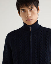 Load image into Gallery viewer, N.Peal Men&#39;s Richmond Cable Cashmere Cardigan Navy Blue Melange
