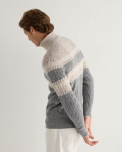 Load image into Gallery viewer, N.Peal Men&#39;s Berwick Stripe Roll Neck Cashmere Jumper Frost White
