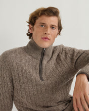 Load image into Gallery viewer, N.Peal Men&#39;s Albemarle Cable Half Zip Cashmere Jumper Heather Hazel Brown
