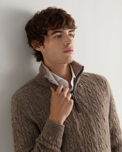 Load image into Gallery viewer, N.Peal Men&#39;s Fur Trim Half Zip Cashmere Jumper Heather Hazel Brown
