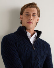 Load image into Gallery viewer, N.Peal Men&#39;s Fur Trim Half Zip Cashmere Jumper Navy Blue Melange
